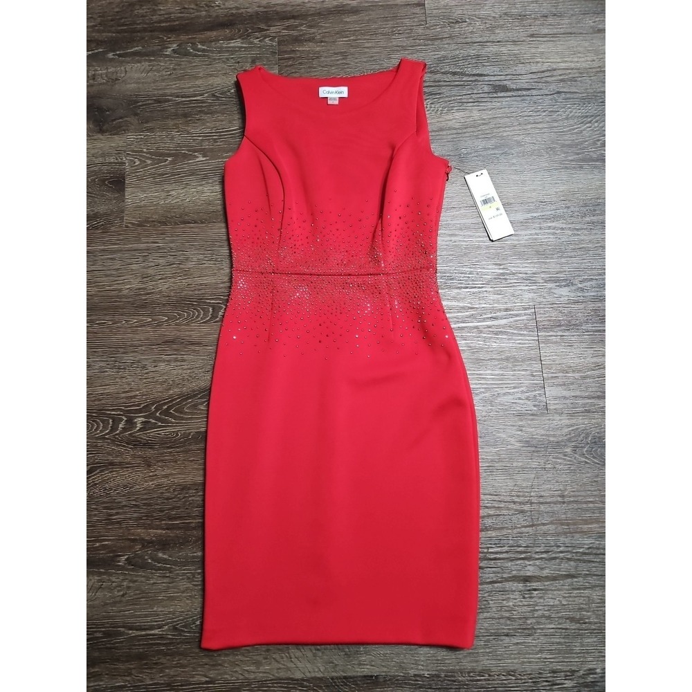 Calvin Klein Red Sleeveless Sheath Dress with Rhinestone Waist